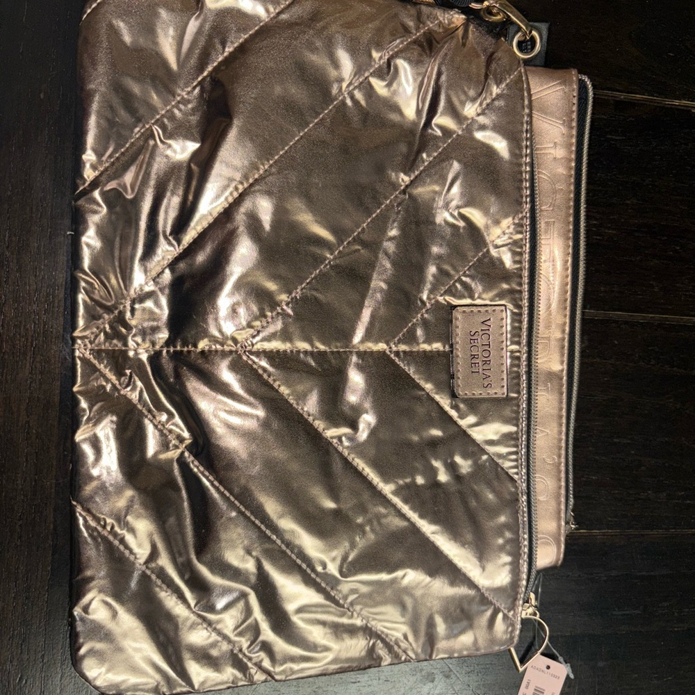 Victoria's Secret 2 Gold Metallic 1 Quilted 1 Logo Make-up Clutch Purses NWT